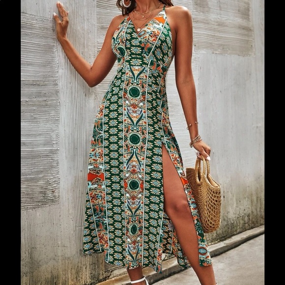 Boho Backless Floral Paisley Print Slit Criss Cross Back Maxi Dress Cottagecore - Picture 3 of 5